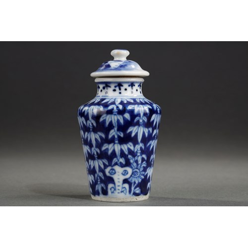 Snuff bottle blue white porcelain in the shape of jar  decorated with bamboos